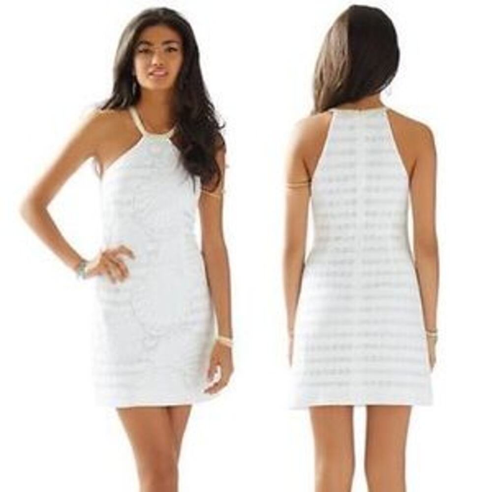 Lilly Pulitzer Jenna White Engineered Lace Shell Print Halter Dress Size 4